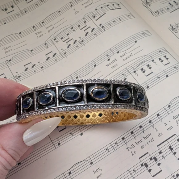 Gold-Tone Blue Sapphire Halo Bangle Bracelet - Picture 9 of 12